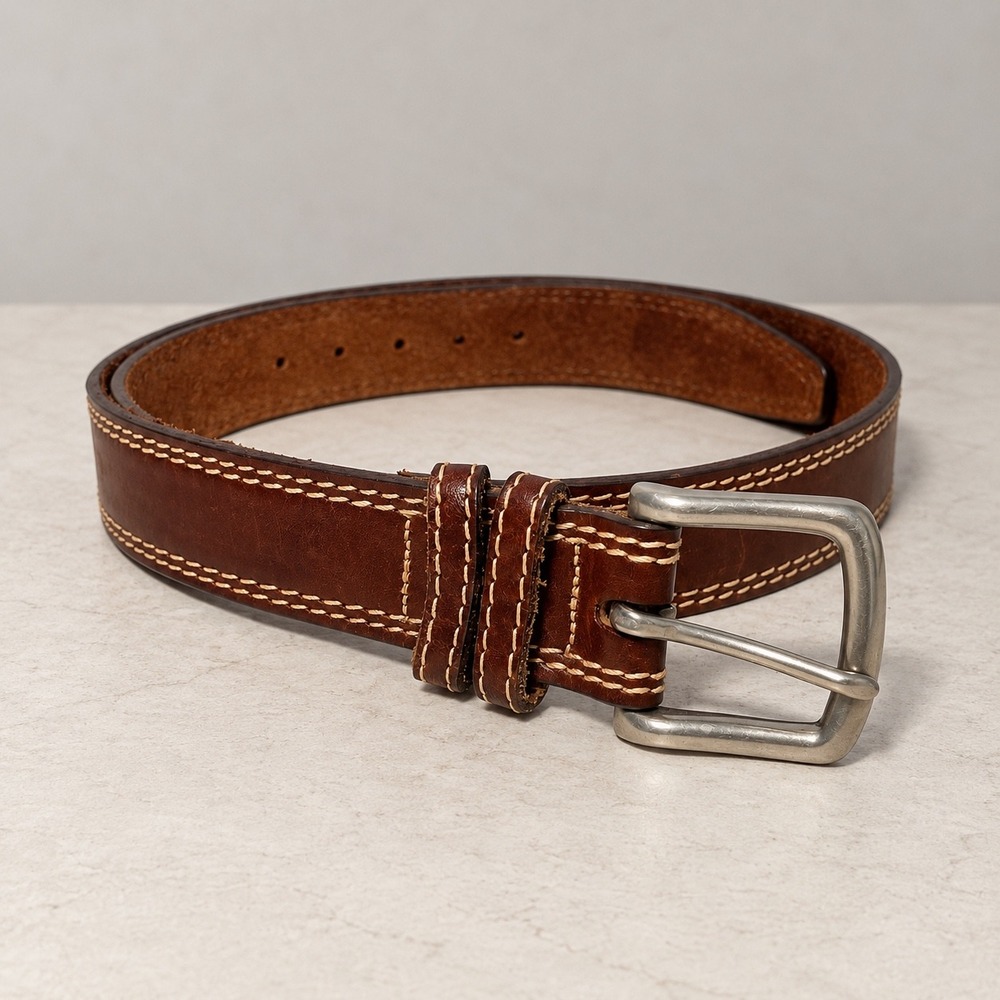 Banana Republic Brown Leather Belt Double Stitched Silver Buckle Womens